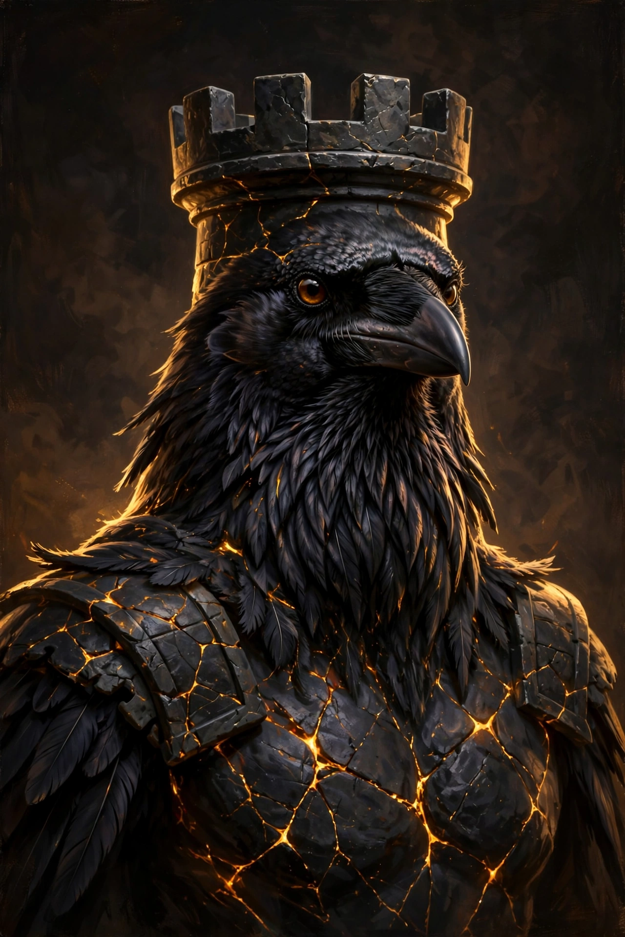 Rook: a rook bird wearing the crown of a chess rook, carved in dark stone with ember-gold cracks
