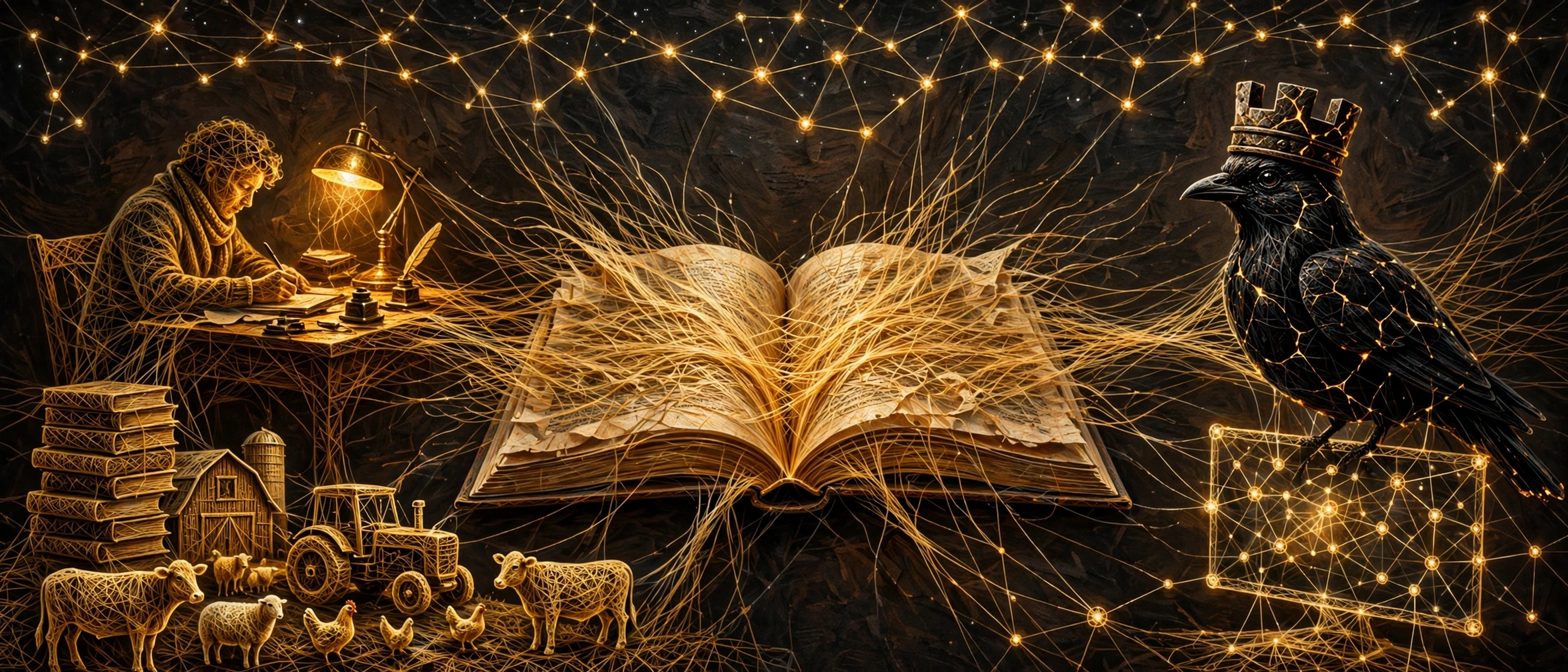 The pattern: Chad writing at his desk, the open book at the center, Rook the crowned bird, the books, the farm, and the website, all woven from one golden thread