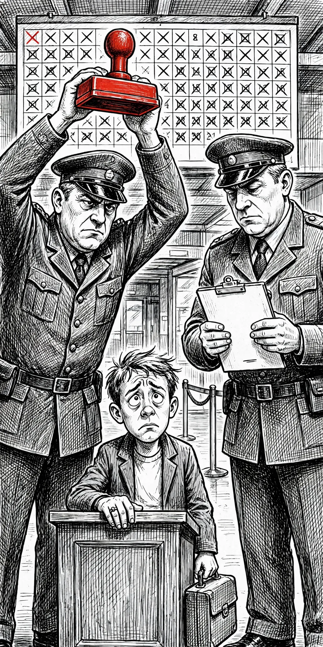 Editorial cartoon: a giant rubber stamp coming down on a man's paperwork while he waits.