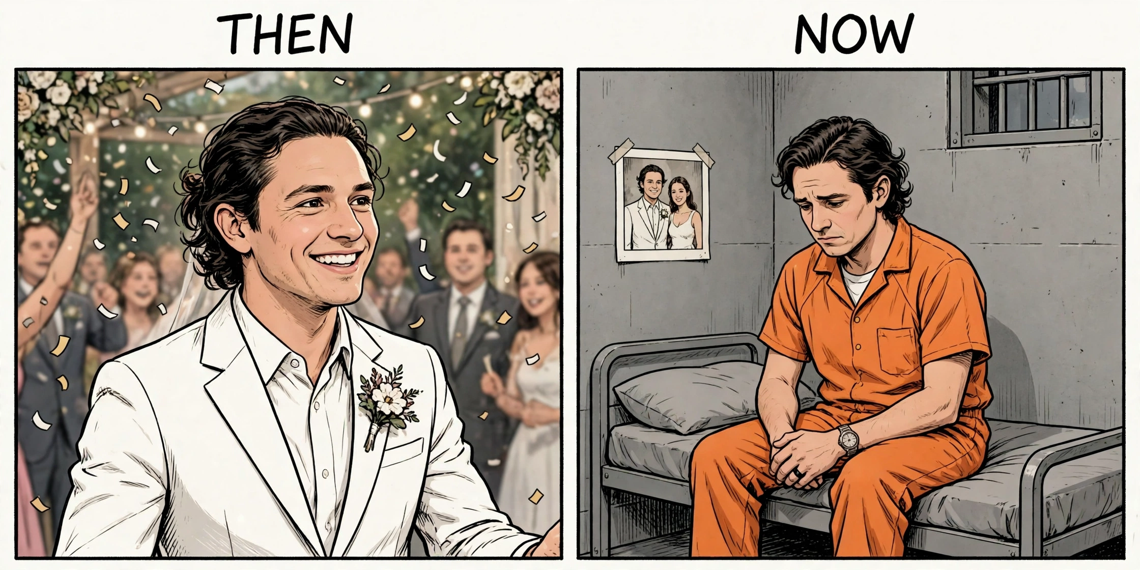 Satirical two-panel comic. Then: Rafael Nunez Penna in a wedding suit, confetti still in the air. Now: the same man in an orange jumpsuit on a detention bunk, his wedding photo taped to the cell wall.